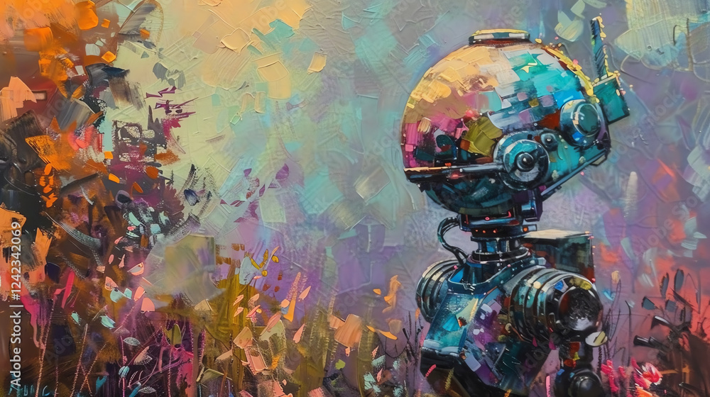Poster paint a side view of a robot chef in an impressionist garden using vibrant acrylic colors capture th