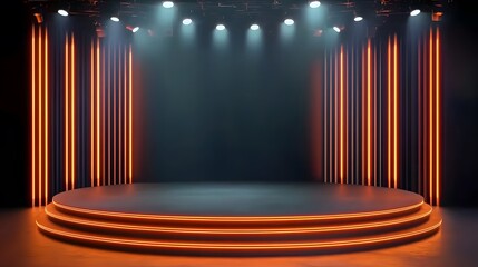 Minimalist modern virtual stage with orange neon lights on the sides of a circular podium, set against a dark background with a front spotlight. A sleek and futuristic space designed for product