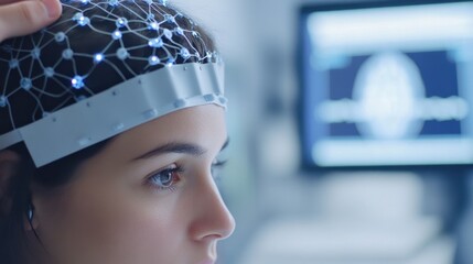 A medium closeup revealing an EEG cap being adjusted on a patients head with sensors strategically p to detect brain activity. The caps sleek design contrasts with the softer contours