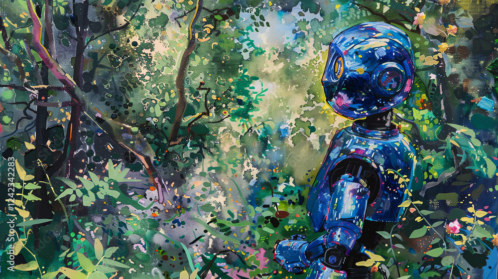 Poster paint a side view of a robot chef in an impressionist garden using vibrant acrylic colors capture th