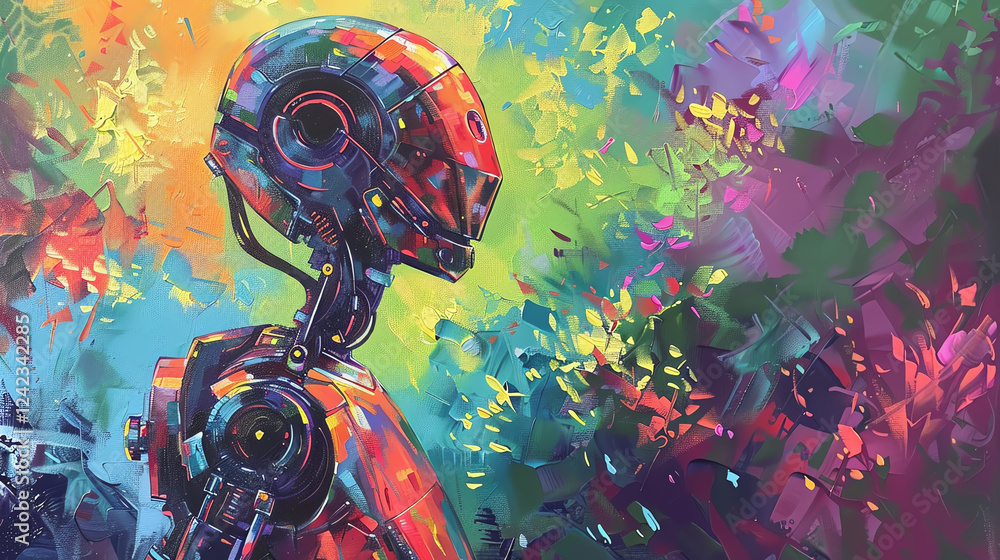 Poster paint a side view of a robot chef in an impressionist garden using vibrant acrylic colors capture th