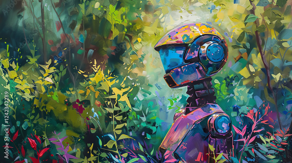 Poster paint a side view of a robot chef in an impressionist garden using vibrant acrylic colors capture th