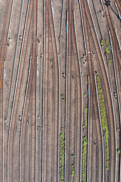 Aerial View of Multiple Railway Tracks with Greenery