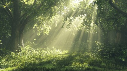 Obraz premium Serene Green Forest with Sunlight Streaming Through Leaves and Illuminating Lush Grass in a Peaceful Natural Setting