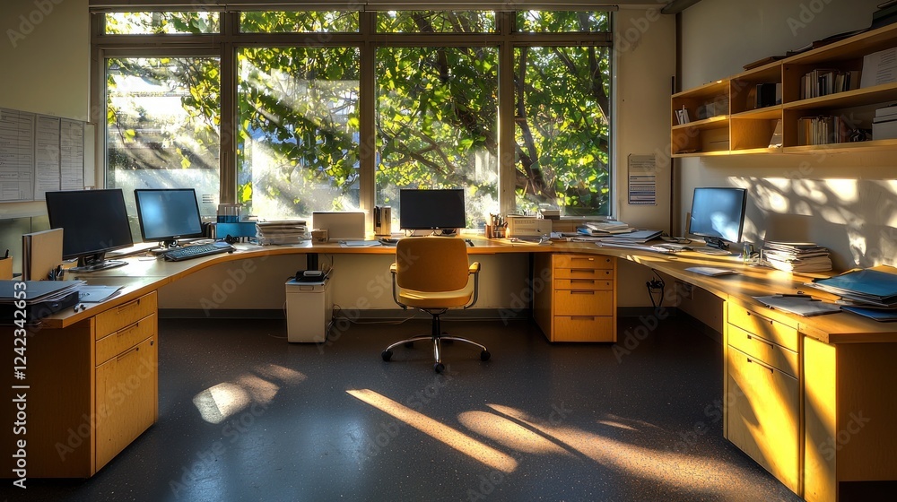 Aufkleber sunlit modern office workspace with multiple computers