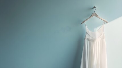 Elegant White Dress Hanging on Simple Hanger Against Blue Wall