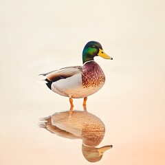 Obraz premium Elegant Duck Standing on Sandy Shore with Reflections in Water