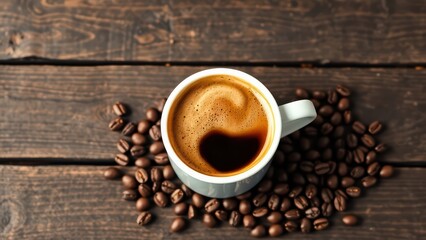 Naklejka premium a steaming cup of coffee nestled amongst coffee beans, a warm and inviting scene. The dark coffee contrasts beautifully with the brown wood surface, inviting you to take a sip. Generative AI