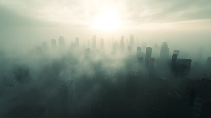 Dense PM2 5 air pollution particles in urbanized dirty skies featuring a foggy and dangerous modern industrial environment with heavy smog grime and contamination  Apocalyptic