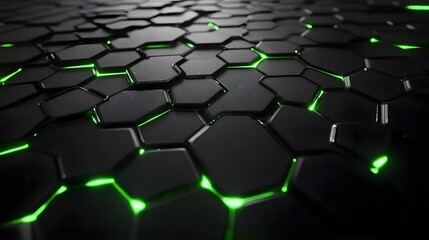 Fototapeta premium Futuristic black carbon honeycomb structure with glowing green neon lighting. A high-tech abstract background with geometric precision, modern industrial aesthetics, and an innovative digital design