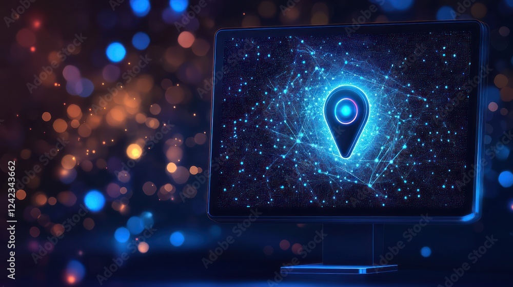 Poster glowing location pin on computer screen.