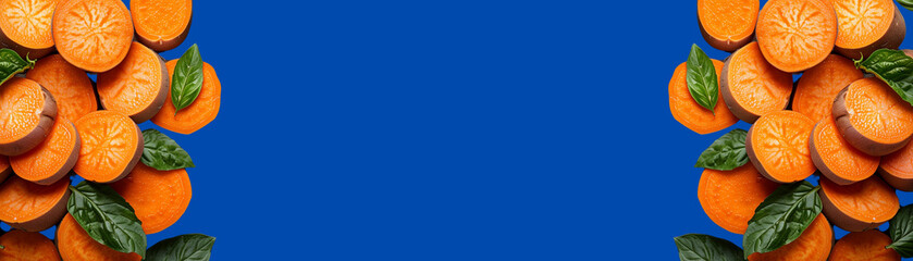 Sweet potato slices and basil leaves on a blue background with space for text, created with Generative AI technology