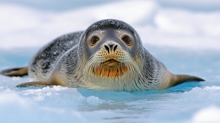 Curious seal pup resting on ice floe.