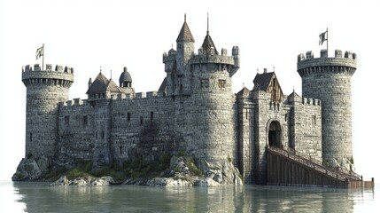 Fototapeta premium Majestic Medieval Castle Surrounded by Tranquil Waters with Stone Walls and Turrets Rising High Against a Clear Sky