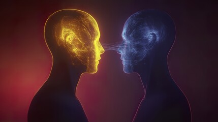 Obraz premium Two abstract human figures connected by a glowing bond, symbolizing unity and connection in a minimalist design.
