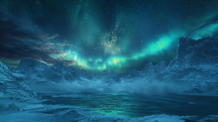 Naklejka premium Dazzling Aurora Dancing Over Hushed Wintry Landscape at Night