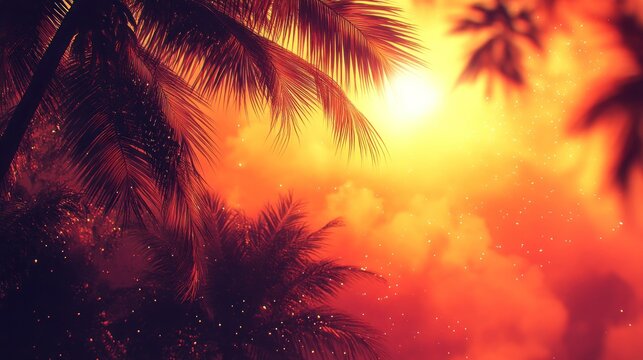 Palm silhouettes at sunset, red glowing sky with bokeh, vacation themed backdrop