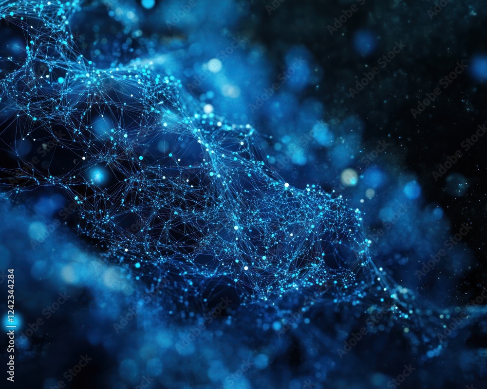 Poster network of blue glowing dots creates 3d pattern with abstract lights; for tech, science