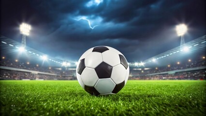 Fototapeta premium Dramatic Soccer Scene with a Ball Understormy Sky in a Stadium During a Game Night