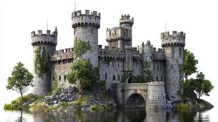 Fototapeta premium Majestic medieval castle surrounded by water and lush greenery, a symbol of history and fantasy in enchanting landscape