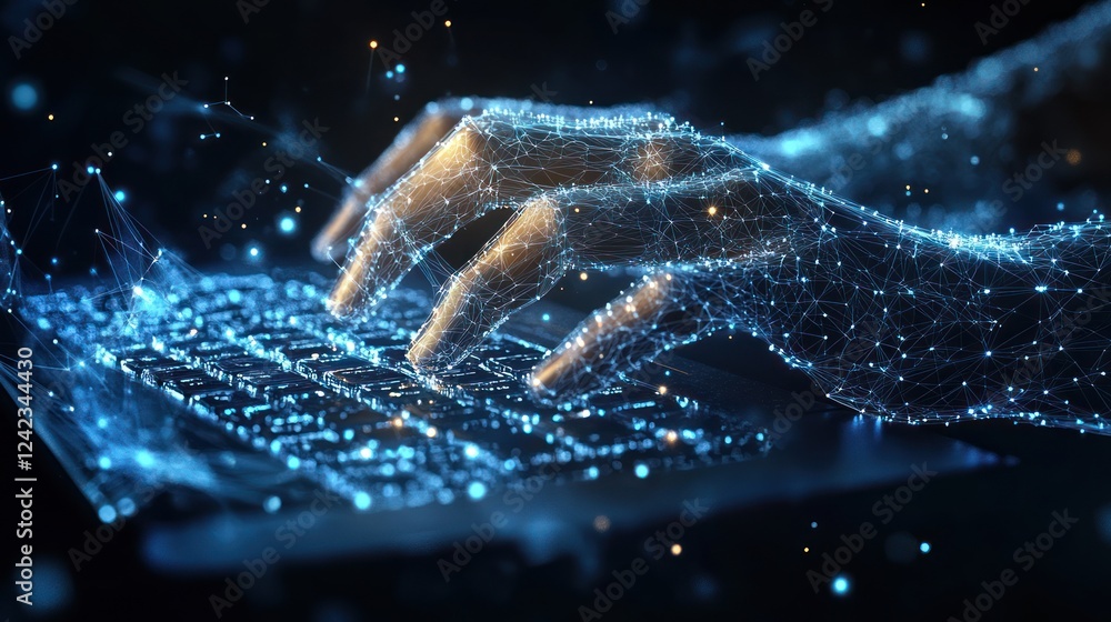 Poster abstract digital hands typing on glowing laptop.