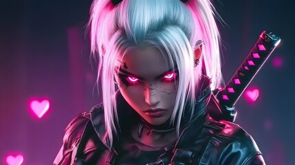 Fototapeta premium Futuristic cyberpunk female warrior with white hair and red eyes holding an electric katana. A fierce and powerful futuristic soldier in a neon-lit cityscape, blending sci-fi aesthetics with high-tech