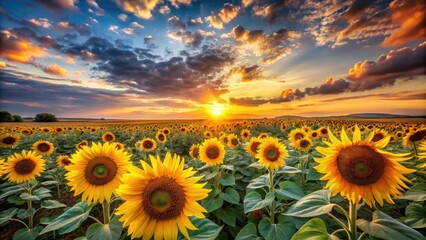 Fototapeta premium A vast sunflower field in full bloom under sunset sky, creating a serene and picturesque natural landscape.
