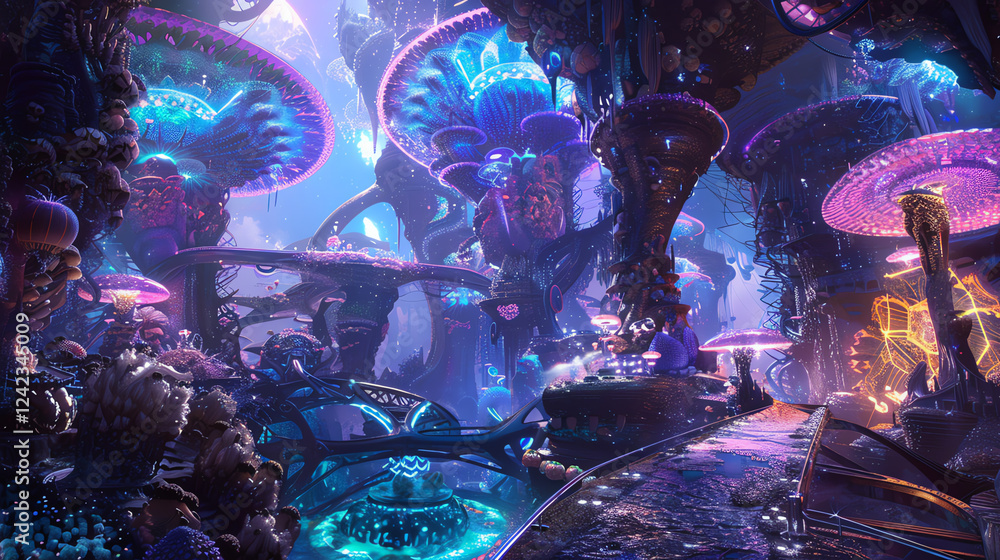 Poster capture the essence of a wide-angle view featuring mystical creatures in a futuristic setting with v
