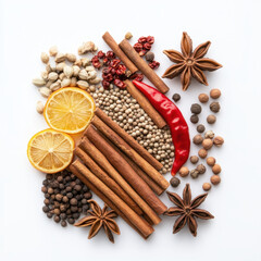 Fototapeta premium vibrant arrangement of spices including cinnamon sticks, star anise, dried chili, and citrus slices, showcasing rich variety of textures and colors. This composition evokes warmth and flavor