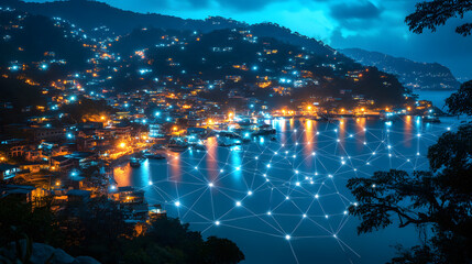 Obraz premium Microgrids in an urban area at night illuminated by city lights and water