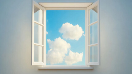 bright open window reveals serene sky with fluffy clouds, inviting sense of tranquility and openness. white frame contrasts beautifully with blue sky, enhancing peaceful atmosphere
