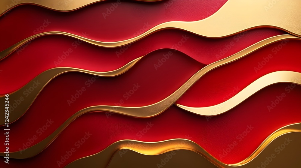 Poster sophisticated vibrant luxurious patterns blending soft red and gold tones with refined glamorous gra