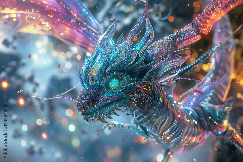 Poster capture the essence of mythical creatures surrounded by futuristic tech in a photorealistic digital 