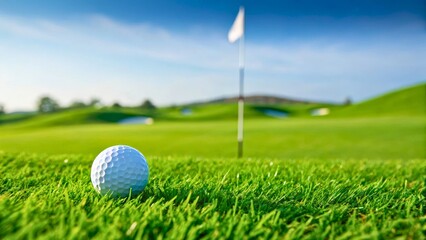 Obraz premium Golf Ball on Lush Green Grass with Flag in Background Under Clear Blue Sky