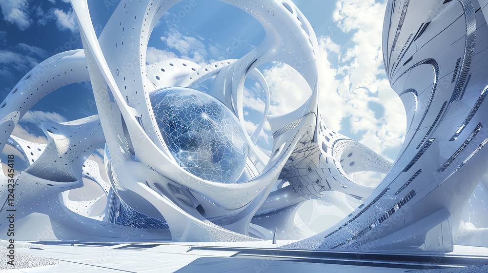 Poster Capture the fusion of Futuristic Technologies and Ballet in a surreal, 3D rendered scene from a unique low-angle perspective
