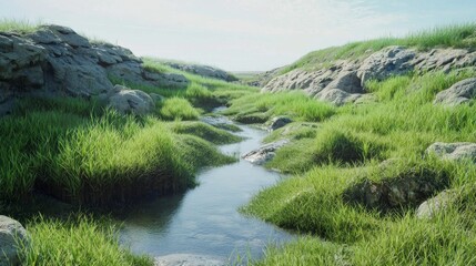 Fototapeta premium Long Exposure Shot of Narrow Creek Surrounded by Lush Green Grass