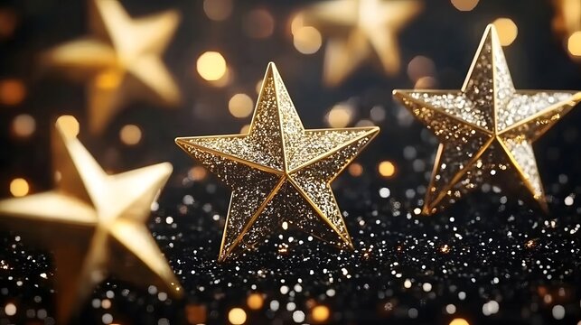 Golden stars and glittering bokeh lights on a black background, creating a luxurious and festive atmosphere. A perfect backdrop for cinematic achievements, gala nights, and commemorative milestones