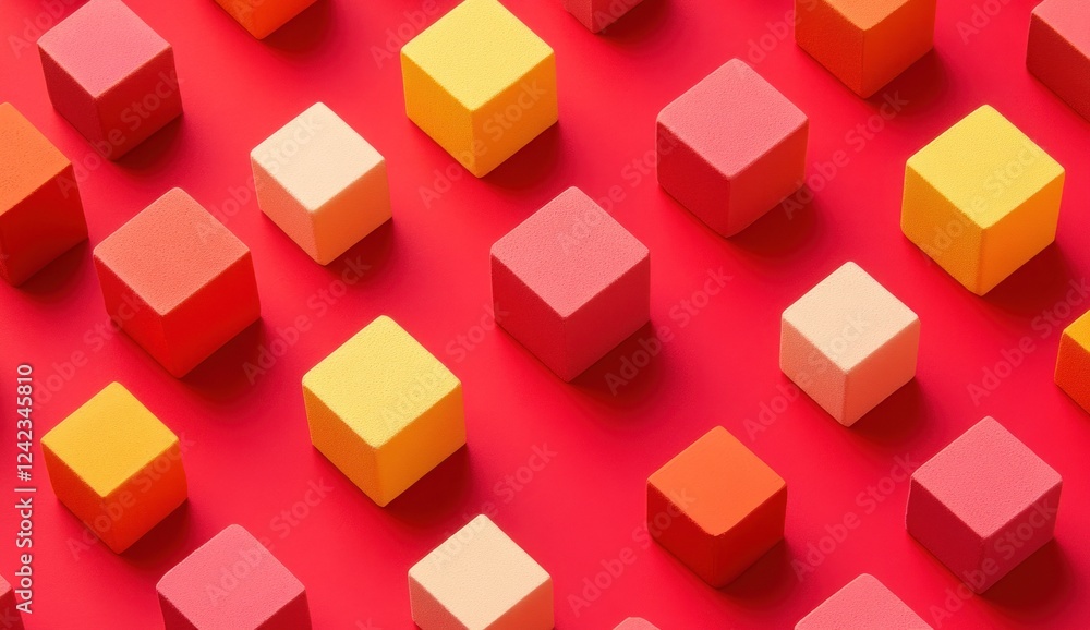 Poster colorful cubes arranged in a diagonal pattern on a red background.