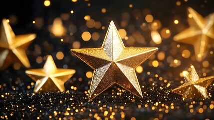 Golden stars and glittering bokeh lights on a black background, creating a luxurious and festive atmosphere. A perfect backdrop for cinematic achievements, gala nights, and commemorative milestones