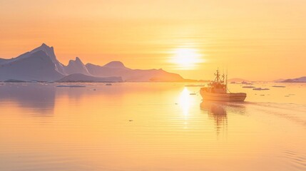Small Fishing Boat Heading Out at Dawn with Stunning Sunrise Reflections