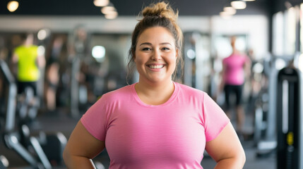 Smiling woman in pink workout shirt at gym, showcasing confidence and fitness journey. Background features gym equipment and other gym goers engaged in exercise