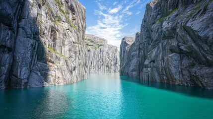 Towering Granite Walls Framing a Serene Turquoise Waterway