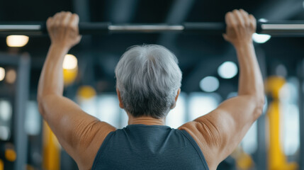 Naklejka premium Strength training for older adults showcases fit individual performing pull up, emphasizing fitness and resilience. scene captures determination and vitality in gym environment