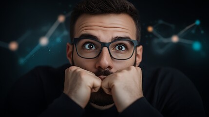Pensive young man with glasses contemplating data visualizations in a dark setting
