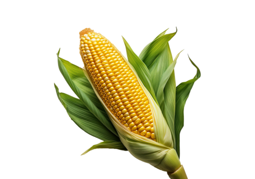 Single ear of corn with green husk isolated on a transparent or white background