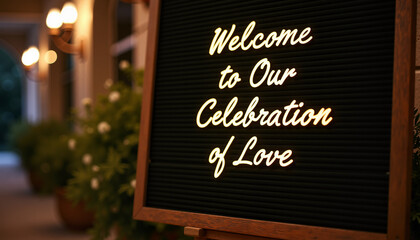 Elegant wedding welcome sign with warm glowing lights