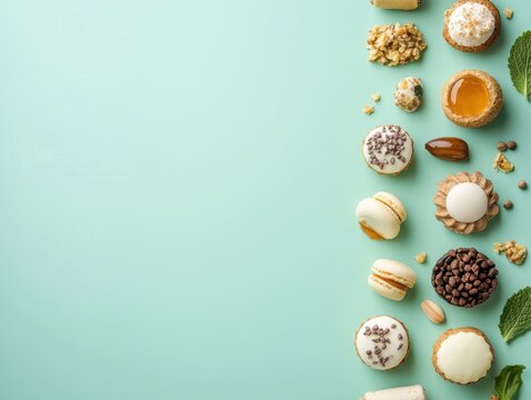 Various types of colorful macarons arranged on a light blue background for dessert presentation