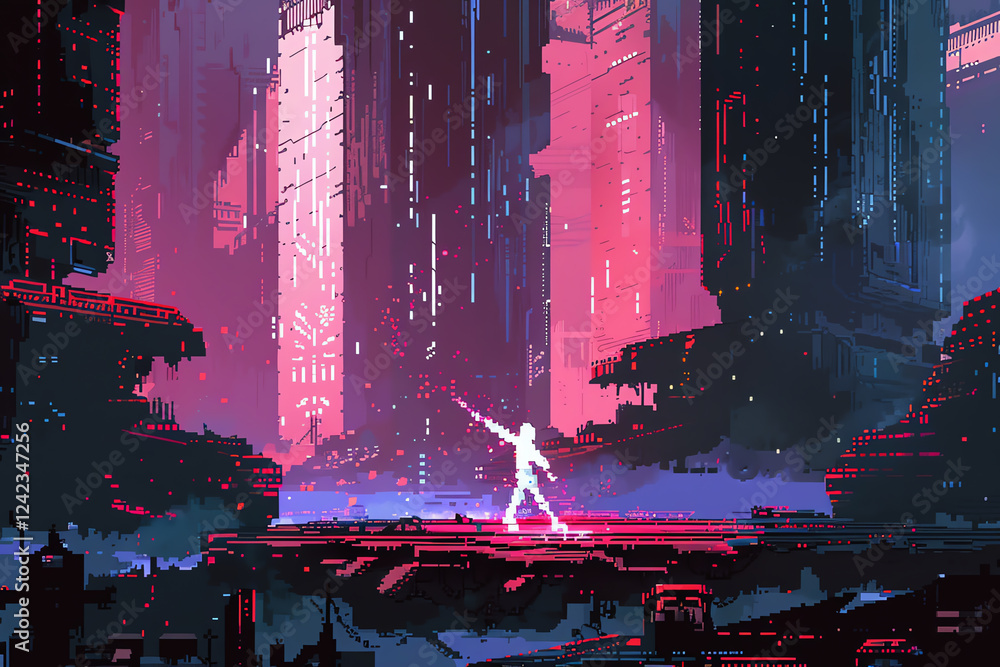 Poster craft a pixel art representation of a dancer in a dystopian world, highlighting the fusion of elegan