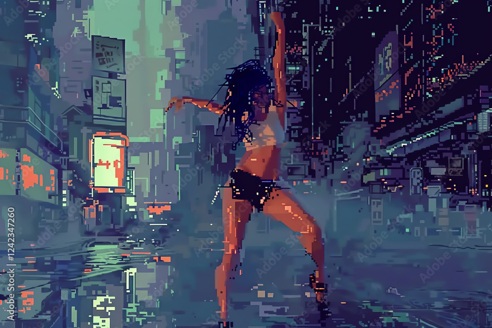 Poster craft a pixel art representation of a dancer in a dystopian world, highlighting the fusion of elegan