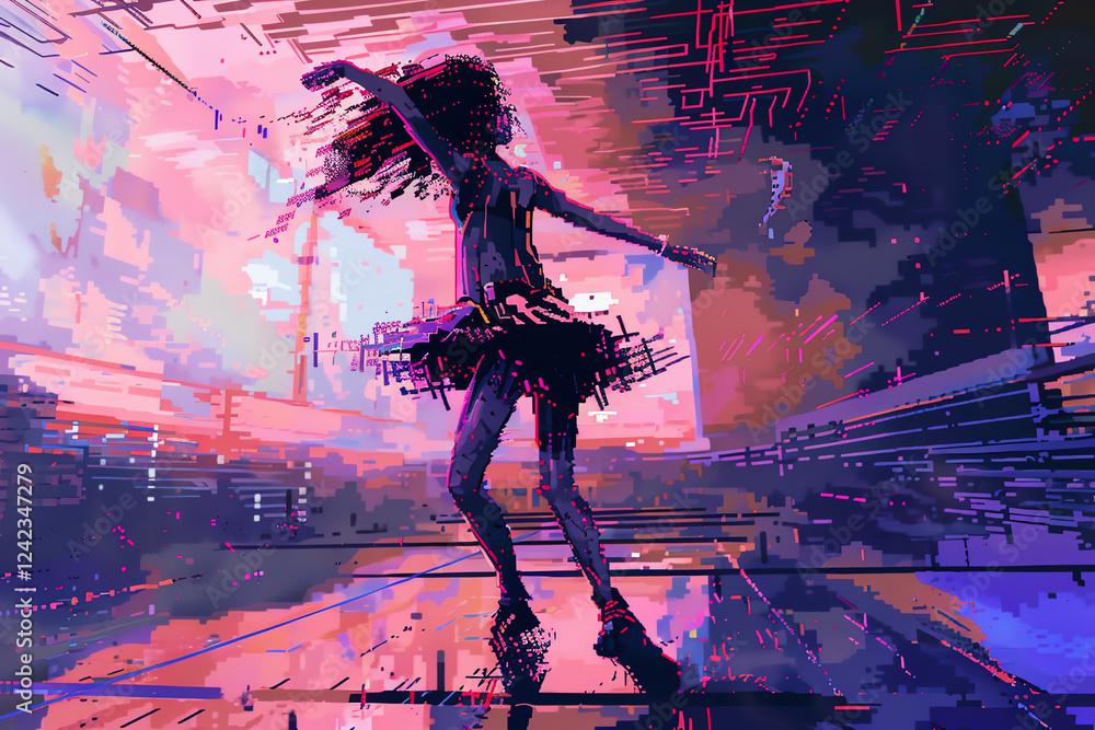 Poster craft a pixel art representation of a dancer in a dystopian world, highlighting the fusion of elegan